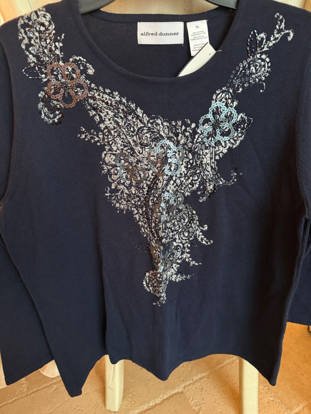 Alfred Dunner Navy Embellished Floral Long-Sleeve Sweatshirt